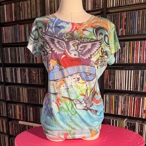 Y2K Tattoo Graphic Rhinestone Hope Dove Tee Shirt Woman’s 1XL Ed Hardy Style